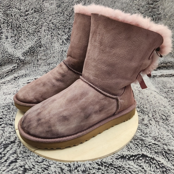 UGG Bailey Bow II Purple/Shadow Leather Sheepskin Boots Women's Size 7 - Picture 4 of 9